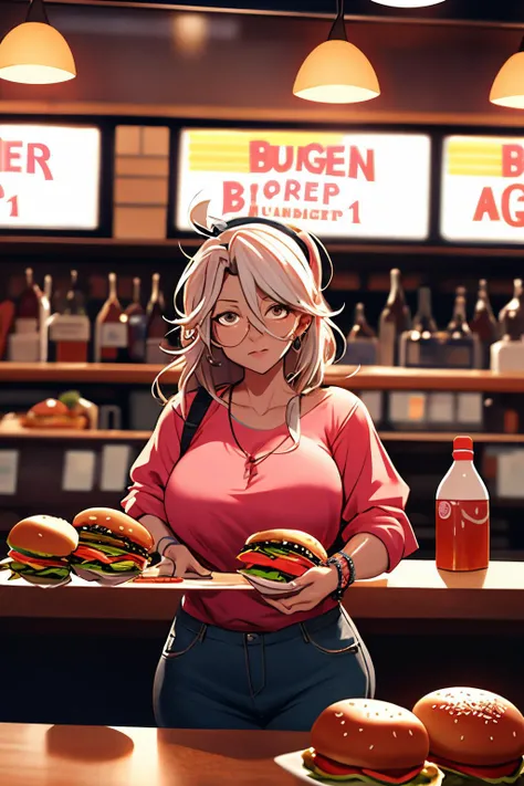 hurried middle-aged woman working the night shift at the burger bar. candid hdr smartphone photograph.