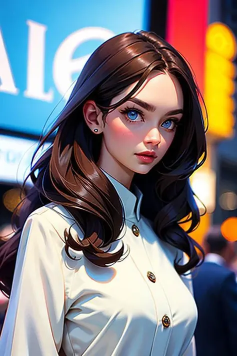 Woman, American, 37 years old, tall stature, fair complexion, long dark brown hair often styled in loose waves, oval face with striking features, intense piercing blue eyes, pronounced cheekbones, dressed in elegant and stylish outfits, against sophisticated and modern urban settings.