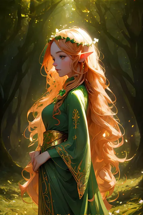 beautiful celtic fairy woman, sidhe, Aos Sí, long wavy (auburn|red) hair, shimmering gold fairy wings, daisy clover flower crown, wearing long flowing emerald green gown with intricate gold embroidery, elf ears, posing in mystical irish forest, early morning, mist, atmospheric lighting, looking away from viewer || atmospheric portrait of a beautiful fairy woman, forest, soft fabric, shimmering details, masterpiece, 8k, high resolution, shallow depth of field, sharp focus