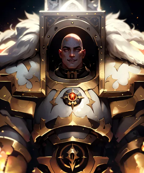 epic portrait of (horus:1.1), wearing (white armor:1.3), (white wolf pelt:0.8), fur trim, holding weapon, (mace:1.2)
young male, attractive, handsome face, (bald:1.1), smiling, light smile, textured skin, detailed pupils, realistic dull skin noise, visible skin detail, skin fuzz, dry skin, (looking at viewer:1.3)
indoors, bright lighting, gothic cathedral in the blurry background, epic lighting, ambient lighting, warhammer 40k,
High Detail, film photography, RAW candid cinema, 16mm, Hyperdetailed, analog style, detailed skin, matte skin, soft lighting, subsurface scattering, high quality, highres, absurdres, best quality, full body, torso, upper body,
<lora:Horus MK1 by CARAXES:0.7> <lora:more_details:0.5> <lora:Elixir:0.5>
