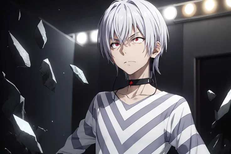 pha accelerator, 1boy, (red eyes:1.4), accelerator (toaru majutsu no index), constricted pupils, white hair, shirt, solo, choker, striped shirt, striped, albino, earphones, pants, hair between eyes, short hair, collarbone, white shirt, crazy eyes, explosion, ruins,
(masterpiece:1.2, best quality), high contrast, ((cinematic light)), black light particles,(broken glass), portrait, upper body,
<lora:accelerator-v1-ph_16:1>