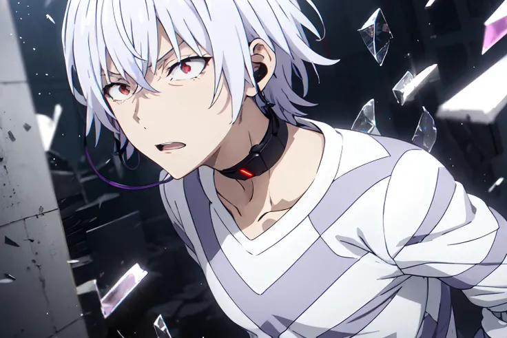 pha accelerator, 1boy, (red eyes:1.4), accelerator (toaru majutsu no index), constricted pupils, white hair, shirt, solo, choker, striped shirt, striped, albino, earphones, pants, hair between eyes, short hair, collarbone, white shirt, crazy eyes, explosion, ruins,
(masterpiece:1.2, best quality), high contrast, ((cinematic light)), black light particles,(broken glass), portrait, upper body,
<lora:accelerator-v1-ph_16:1>