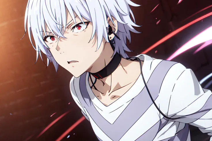 pha accelerator, 1boy, (red eyes:1.4), accelerator (toaru majutsu no index), constricted pupils, white hair, shirt, solo, choker, striped shirt, striped, albino, earphones, pants, hair between eyes, short hair, collarbone, white shirt, crazy eyes, explosion,
(masterpiece:1.2, best quality), high contrast, portrait, upper body, radiant light, simple background,red background
<lora:accelerator-v1-ph_16:1>