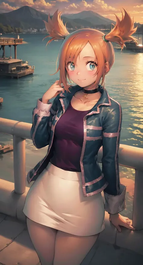 masterpiece, best quality, absurdres, illustration, 8k, realistic shadows, blush, detailed shadows, skindentation, long eyelashes, detailed eyes, realistic, hdr, cinematic lighting, cowboy shot, shiny skin,
rui, 1girl, solo, light smile, shirt, jacket, twintails, skirt,
outdoors, lake, mountainous horizon, standing, orange hair, choker, cloudy sky, day, pier, railing