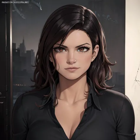 Best_QualityPos, RAW photo, intricate details, best quality, 8k uhd, soft lighting, 1girl, solo, gina carano, brown eyes, long hair, black hair, black collared shirt <lora:Gina_Carano:0.7>