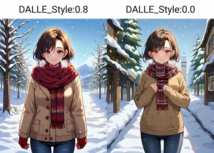 score 9, score 8 up, 1girl, masterpiece, <lora:DALLE_Style:0.8> dallestyle, standing, outdoors, sweater, snow, jeans, medium shot, light smile, scarf, heavy breathing,