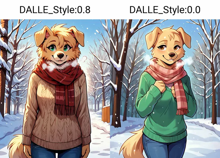 score 9, score 8 up, 1girl, masterpiece, <lora:DALLE_Style:0.8> dallestyle, standing, outdoors, sweater, snow, jeans, medium shot, light smile, scarf, heavy breathing,, (body fur), (fluffy), (furry), anthro, labrador retriever,