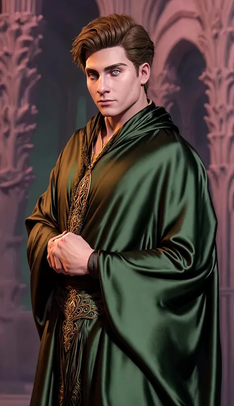 (face focus). (masculine:1.3), large strong physique:1.0, at outdoor gothic castle, (muscular;1.2), large muscles:1.1, ((wearing large long flowing ornate revealing green and black silk fantasy wizard robes:1.3)), (wearing matching long flowing cape:1.2), (grey eyes), (fantasy theme:1.3), styled hair, confident, handsome, (((masterpiece))), (((best quality))), (dignified pose:1.2), male, athletic, looking at viewer, (short hair), lower color saturation:1, lower contract color:1, <lora:OminisGaunt (1):1>