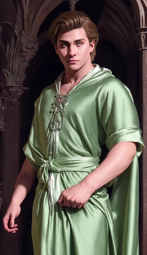 (face focus). (masculine:1.3), (large strong physique:1.0), at outdoor gothic castle, (wearing large long flowing simple green and silver silk fantasy wizard robes:1.3), (wearing matching long flowing cape:1.2), (grey eyes), (fantasy theme:1.3), styled hair, confident, handsome, (((masterpiece))), (((best quality))), (dignified pose:1.2), male, athletic, looking at viewer, (short hair), lower color saturation:1, lower contract color:1, <lora:OminisGaunt (1):1>