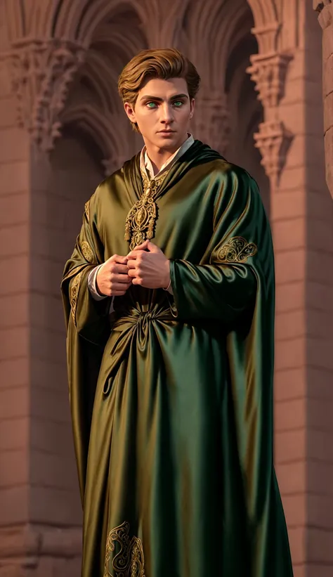 (face focus). (masculine:1.3), large strong physique:1.0, at outdoor gothic castle, (muscular;1.2), large muscles:1.1, ((wearing large long flowing ornate revealing green and black silk fantasy wizard robes:1.3)), (wearing matching long flowing cape:1.2), (green eyes), (fantasy theme:1.3), styled hair, confident, handsome, (((masterpiece))), (((best quality))), (dignified pose:1.2), male, athletic, looking at viewer, (short hair), lower color saturation:1, lower contract color:1, <lora:OminisGaunt (1):1>