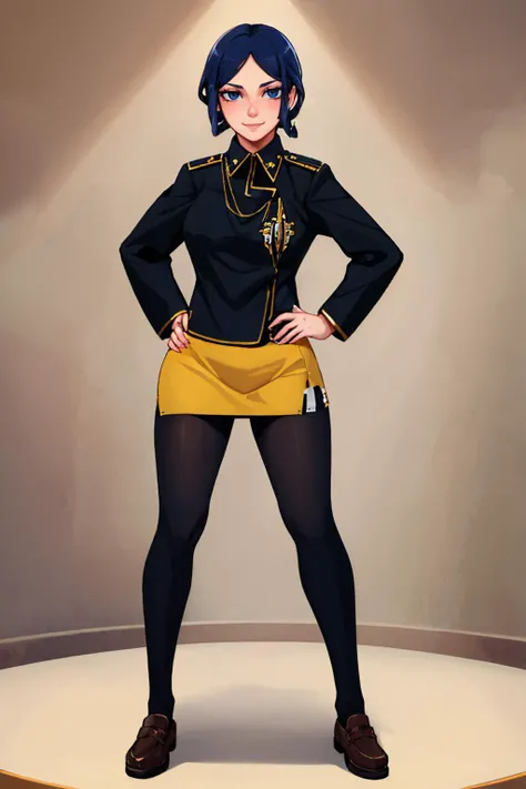 (masterpiece, best quality:1.2), solo, 1girl, makotodesu2, smile, looking at viewer, hand on hip, uniform, skirt, pantyhose <lora:Makoto-Sako_Fp:1>