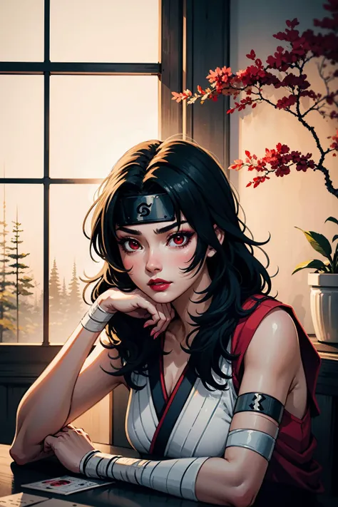 fullbody,<lora:nar_kurenai_yuhi:1>,1girl,solo,nar_kurenai_yuhi,bandages,(sarashi:1.1),(forehead protector:1.1),(red eyes:1.2),makeup,fishnets,ninja,lipstick,(indoor:1.1),(lights:1.1),(lamp:1.1),Ultra-detail,(highres:1.1),best quality,(masterpiece:1.3),cinematic lighting,
BREAK,(red trees:1.2),(DSLR:1.1),(detailed shot:1.1),(sharp focus:1.1),(portrait:1.1),((depth of field:1.2)),
BREAK,<lora:ink-0.1-3-b28-bf16-D128-A1-1-ep64-768-DAdaptation-cosine:0.9>,((ink:1.3)),
