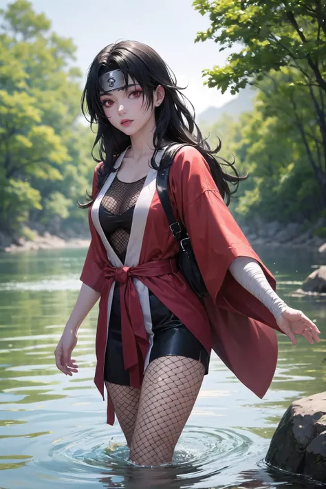 <lora:nar_kurenai_yuhi-10:1>,nar_kurenai_yuhi,forehead protector,bandages,red eyes,makeup, fishnets,wading, looking at viewer, walking towards viewer