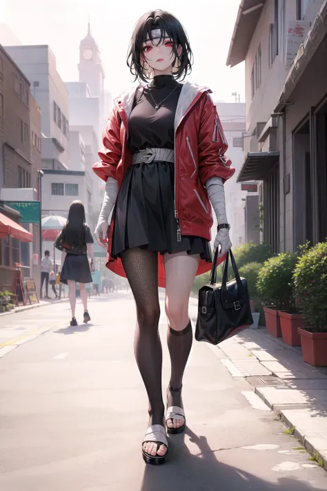 <lora:nar_kurenai_yuhi-10:1>,nar_kurenai_yuhi,forehead protector,bandages,red eyes,makeup, fishnets,walking, looking at viewer, walking towards viewer