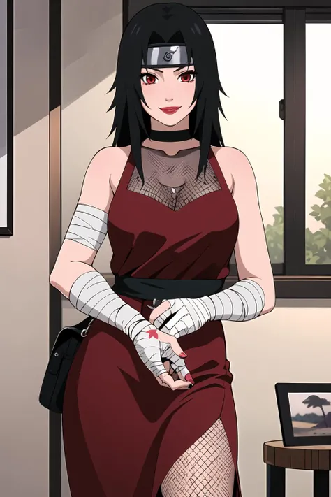 masterpiece, best quality, facing viewer, looking at viewer, <lora:KM_NarutoS-V2:0.7>, 1girl, solo, indoors, living room, standing, seductive smile, <lora:nar_kurenai_yuhi:0.8>, nar_kurenai_yuhi, bandages, sarashi, forehead protector, red eyes, makeup, fishnets, ninja, lipstick