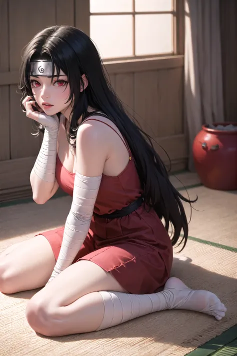 <lora:nar_kurenai_yuhi-10:1>,nar_kurenai_yuhi,forehead protector,bandages, full body,red eyes, wariza