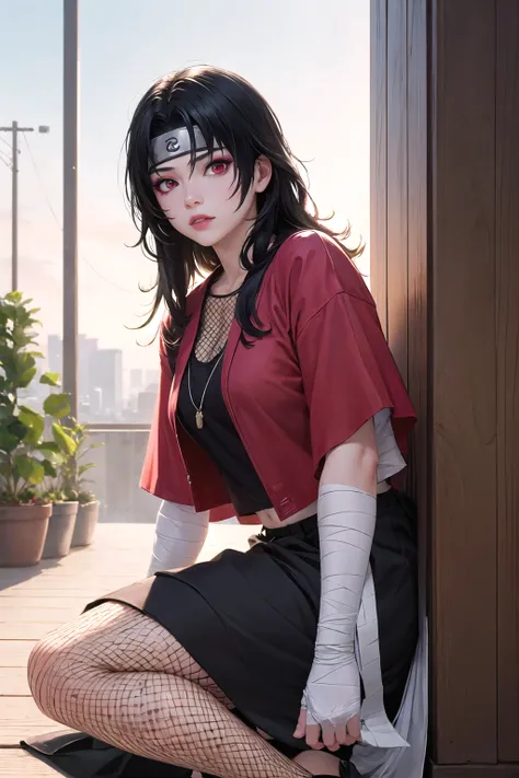 <lora:nar_kurenai_yuhi-10:1>,nar_kurenai_yuhi,forehead protector,bandages,red eyes,makeup, fishnets,