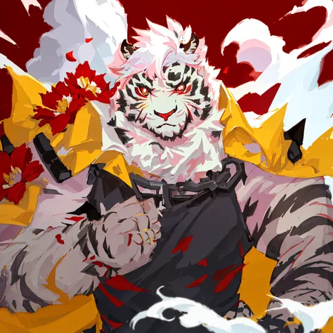 mountain,1boy,muscular,muscular_male,furry_male,male_focus,furry, tiger boy,
(ultra-detailed),(highres),(intricate detail),(best quality:1.2),(masterpiece:1.2),(extremely detailed CG unity 8k wallpaper),(tengen toppa gurren lagann (nia teppelin:1.3)),smile,solo,(symbol-shaped pupils:1.2),(+_+:1.2),looking at viewer,blush,(cloud hair:1.2),flower,hair flower,hair ornament,wristban