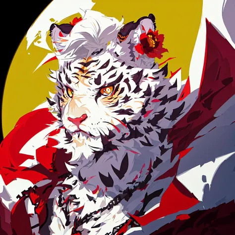 mountain,1boy,muscular,muscular_male,furry_male,male_focus,furry, tiger boy, white hair,
(ultra-detailed),(highres),(intricate detail),(best quality:1.2),(masterpiece:1.2),(extremely detailed CG unity 8k wallpaper),(tengen toppa gurren lagann (nia teppelin:1.3)),smile,solo,(symbol-shaped pupils:1.2),(+_+:1.2),looking at viewer,blush,(cloud hair:1.2),flower,hair flower,hair ornament,wristban