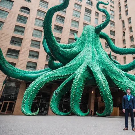 a man standing in front of a giant green octopus building