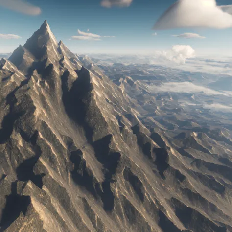 a computer generated image of a mountain with mountains and clouds eyes
