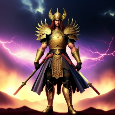 photo, a painting of a man in armor holding a sword with lightning coming, InkSamaFantasy style
