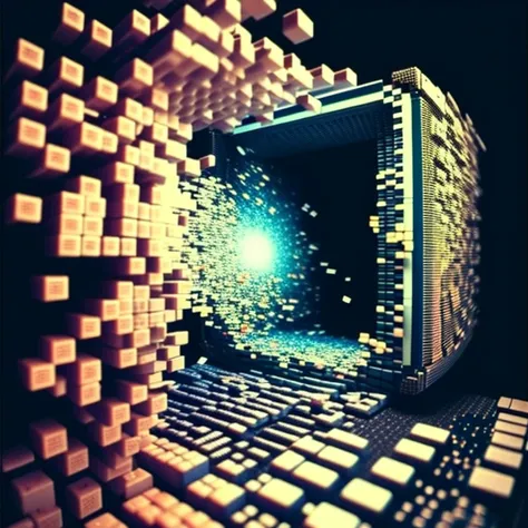 photo, a computer screen with a bunch of cubes coming out of it in, MechaPilot style