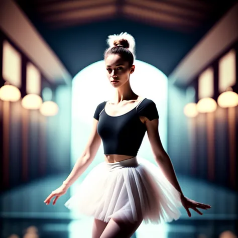 photo, woman style a ballerina in a black top and white tutu posing for a photo <lyco:djzWomanV21-Lyco-64-8-256-128:0.6> WiredOperator style <lyco:JohnsonDesuZenkai-V21-Lyco:0.8>
