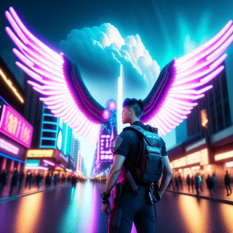 photo, a painting of a city with a giant cloud coming out of it, CyberAngelSoldier style