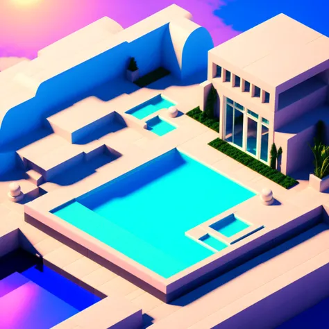 photo, a computer generated image of a house and pool with mountains and clouds, AnimeChic style