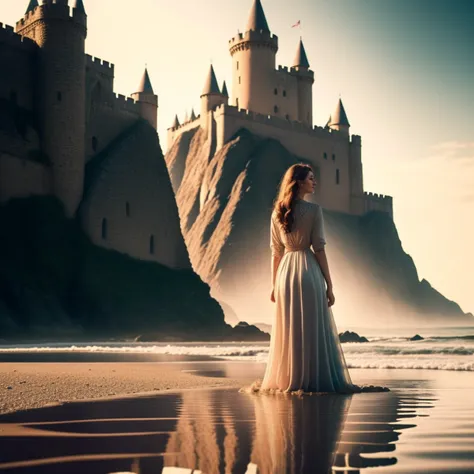 photo, a woman standing in the water with a castle in the background in, TimeCar style