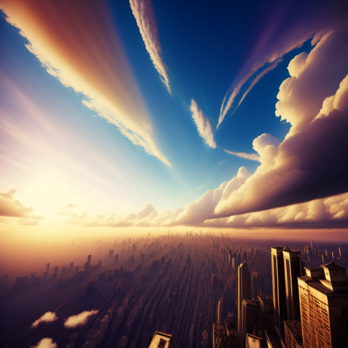 photo, a painting of a city with a sky background the background, AscendentRedux style