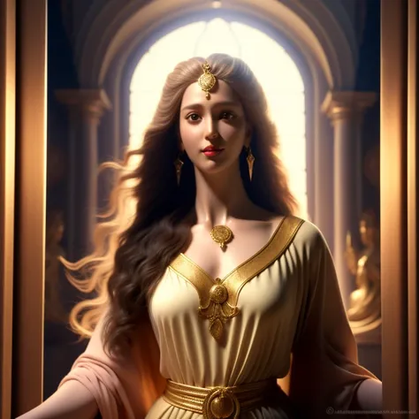photo, a woman with long hair standing in front of a window painting, AngelStatues style