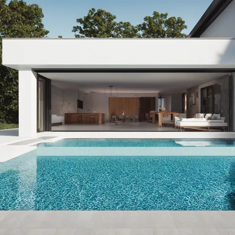 a computer generated image of a house and pool in the middle of