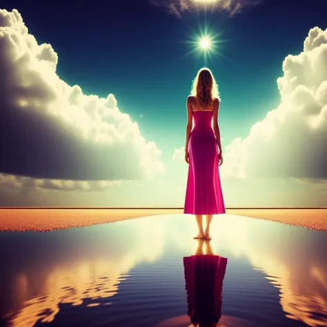 photo, a woman standing in the middle of a body of water filled with, RetroTide style