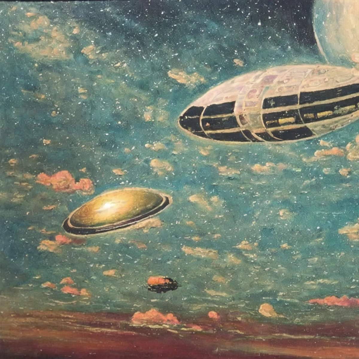 a painting of a space ship floating in the sky and