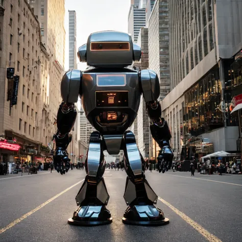 a giant robot standing in the middle of a city street