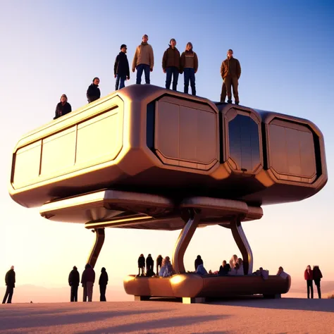 photo, a group of people standing on top of a giant object in front, BoxedFutures style