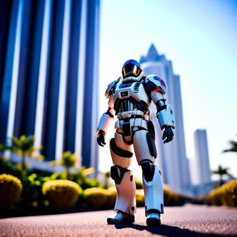photo, a man in a space suit standing in front of palm trees in, GundamCityscape style
