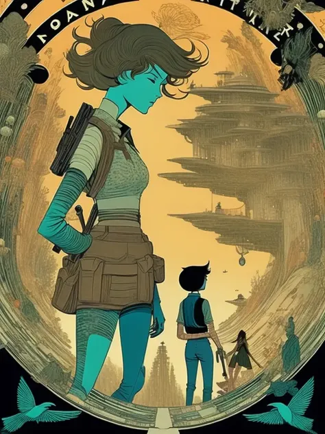WonderlandWoman style, a woman with a gun standing in front of a giant robot