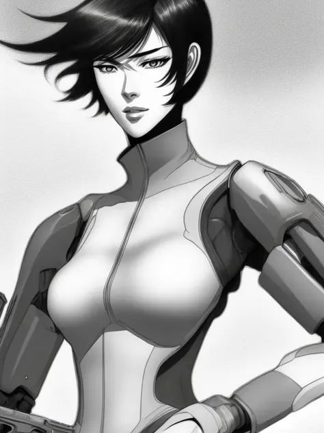 GhostShell style, a drawing of a female robot holding a gun
