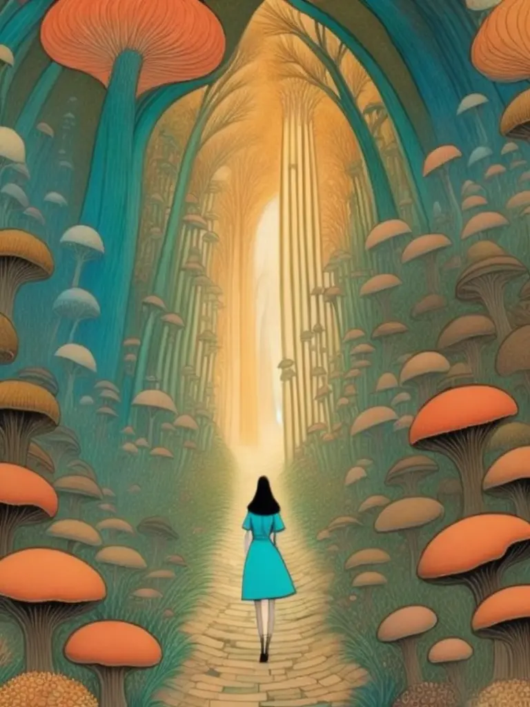 WonderlandWoman style, a painting of a person walking down a path surrounded by mushrooms