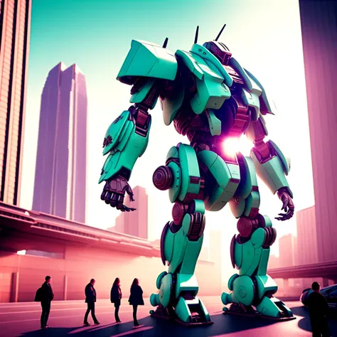 photo, a giant robot standing in the middle of a city like a, AIsociety style
