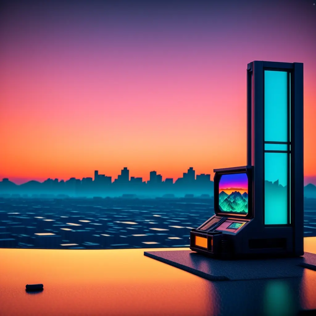 photo, a computer screen with a sunset in the background a city in, PrismaScopes style