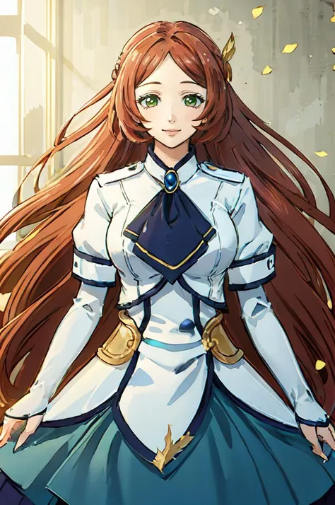 smile, <lora:Randgriz:0.6> randgriz, long hair, breasts, brown hair, hair ornament, long sleeves, dress, very long hair, green eyes, ascot, <lora:ponsuke:1>, ultra detailed, masterpiece, best quality,