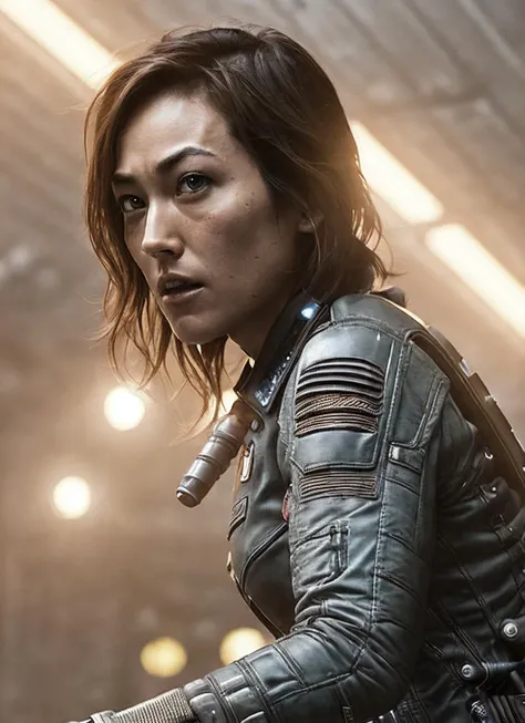 close up photo of sks woman, rugged space trucker, inside industrial spaceship, futuristic science fiction, action scene, digital concept art, realistic, intricate detailed textures, filmic, cinematic, environmental character portrait, <lora:locon_karenfukuhara_v1_from_v1_64_32:1.25>