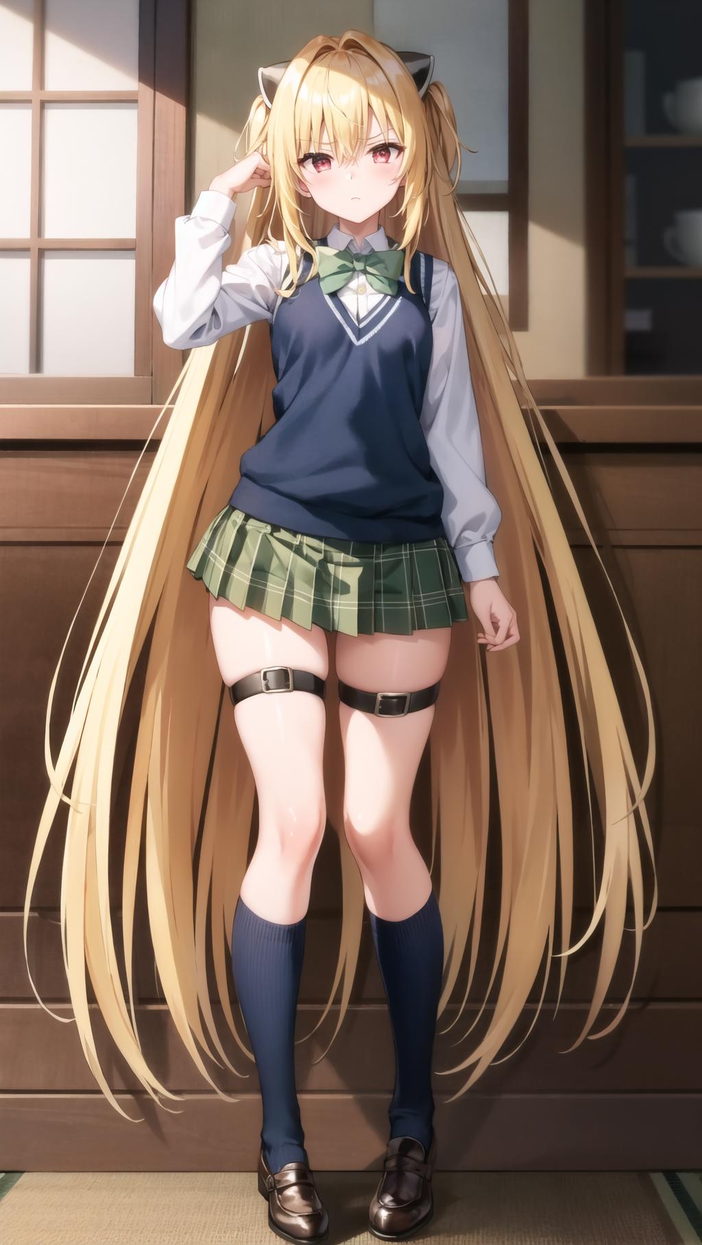 A woman with long blonde hair standing in front of a door - SeaArt AI