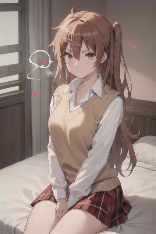 masterpiece, best quality, highres, BREAK,
<lora:nibutani_shinka:0.7>,bbshinka,long hair,one side up,hairclip,sweater vest,beige sweater,shirt,collared shirt,skirt,plaid skirt,socks
,
(spoken hearts:1.2),sweat,(deep breathe:1.2),(on bed:1),(steam:1.2) ,(presenting:1.2), looking at viewer
,(disheveled hair:1.1),(moonlit room:1.1),(soft bed linens:1.1)