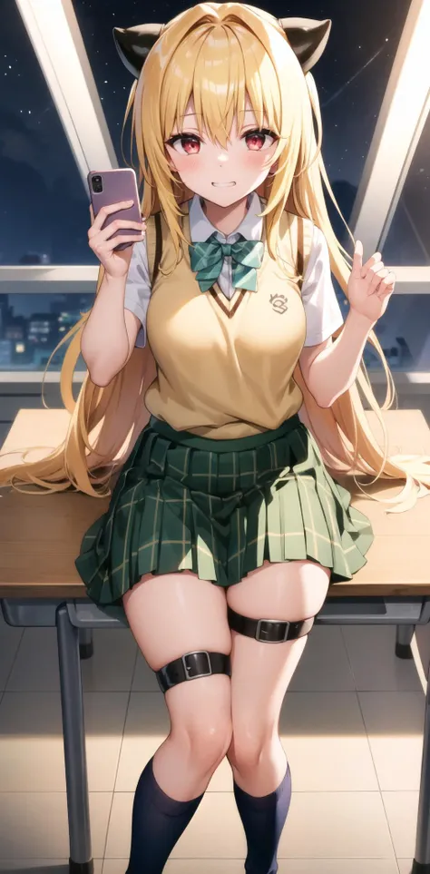 masterpiece, best quality, highres, BREAK , <lora:yami-v1:0.9>,phyami, yamisch,  long hair,hair ornament, hair between eyes, blonde hair, very long hair,red eyes,
  school uniform,thigh strap, sweater vest, plaid skirt, plaid, socks, pleated skirt, skirt,
/=yaminor,etached sleeves, black dress=/
BREAK
,
, BREAK ,grin,complex classroom nighttime, , moonlight, rembrandt-light theme, , close to viewer, selfie,looking down, navel,