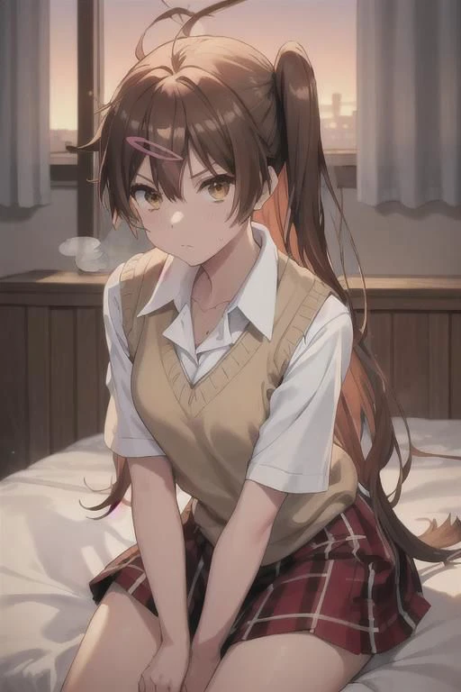 masterpiece, best quality, highres, BREAK,
<lora:nibutani_shinka:0.7>,bbshinka,long hair,one side up,hairclip,sweater vest,beige sweater,shirt,collared shirt,skirt,plaid skirt,socks
,
(spoken hearts:1.2),sweat,(deep breathe:1.2),(on bed:1),(steam:1.2) ,(presenting:1.2), looking at viewer
,(disheveled hair:1.1),(moonlit room:1.1),(soft bed linens:1.1)